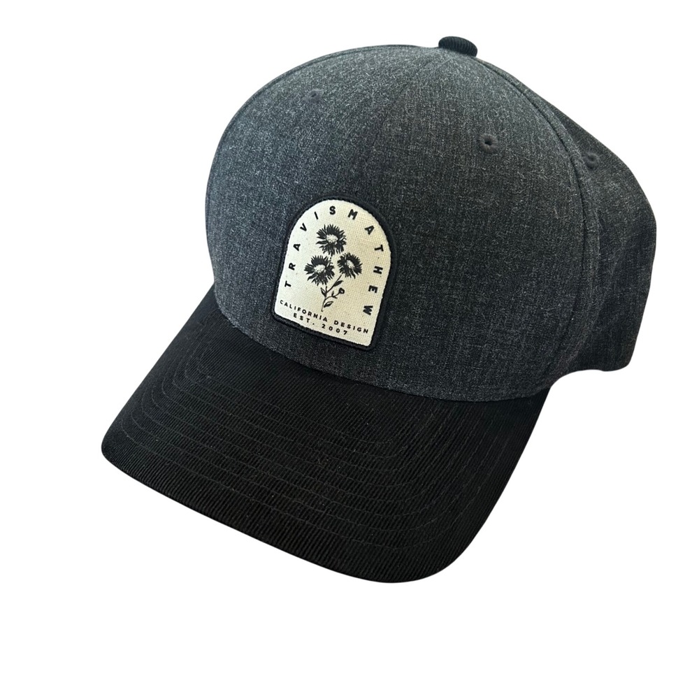 TravisMathew Hat Mens Black Gray Floral Patch Corduroy Brim Snapback OSFA
